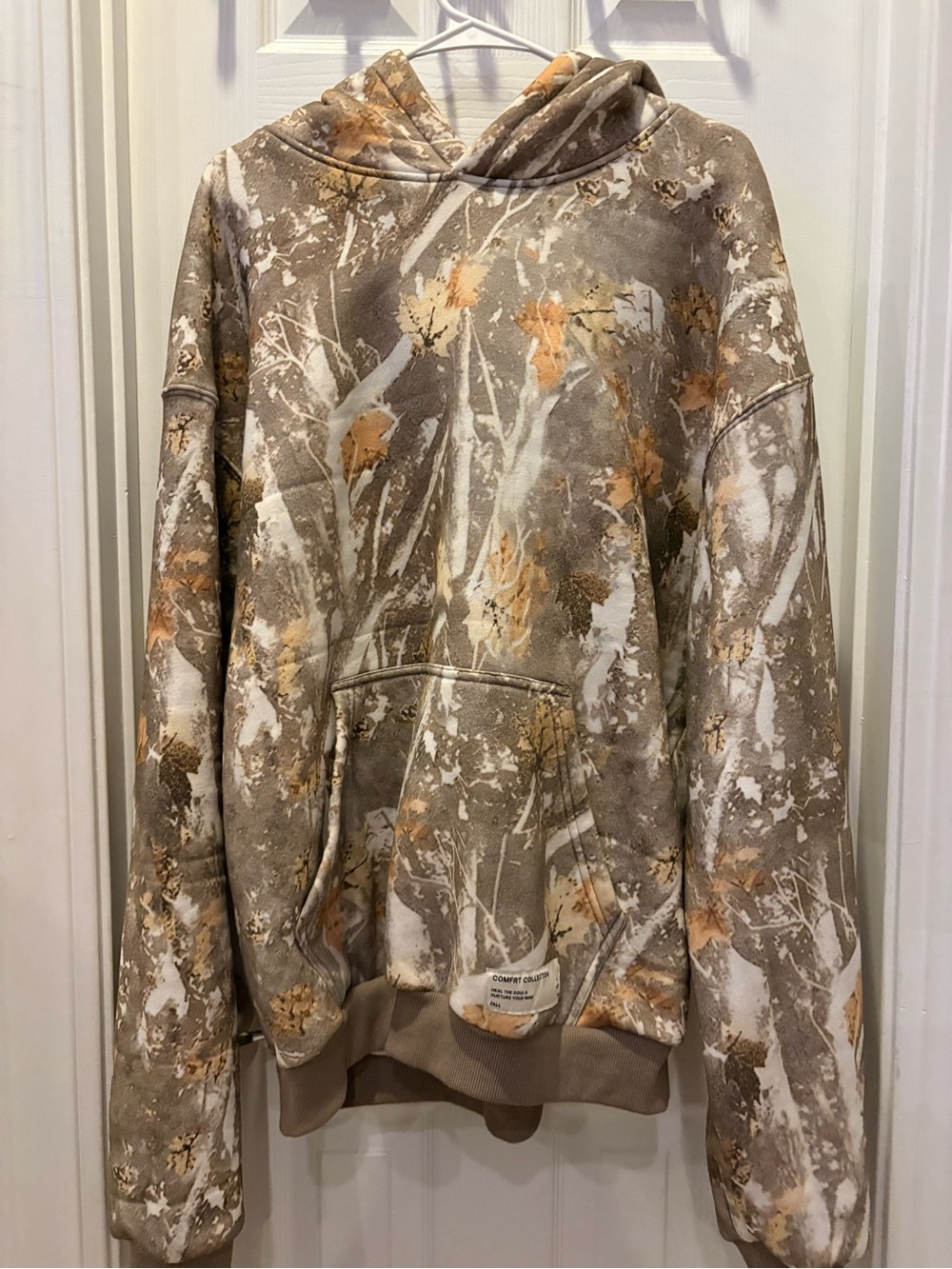 Men's Hooded Sweatshirt - Beige Camo Leaf Print